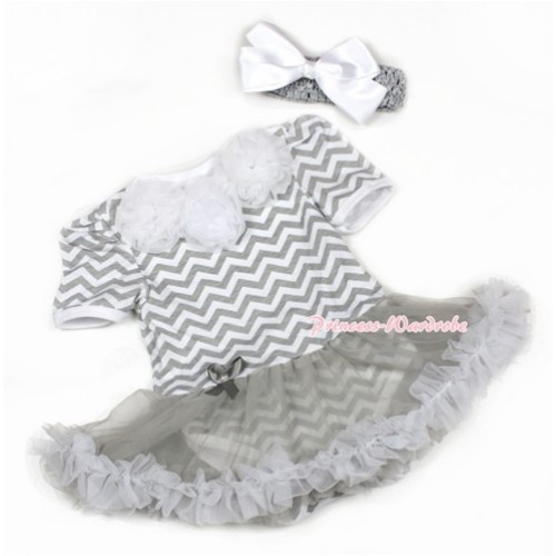Grey White Wave Baby Jumpsuit Grey Pettiskirt With White Rosettes With Grey Headband White Silk Bow JS1363 