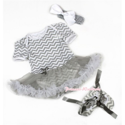 Grey White Wave Baby Jumpsuit Grey Pettiskirt With Grey Headband White Silk Bow With Grey Ribbon Grey White Wave Shoes JS1384 