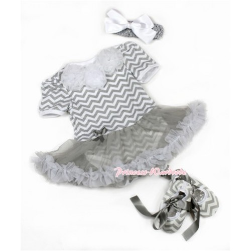 Grey White Baby Jumpsuit Grey Pettiskirt With White Rosettes With Grey Headband White Silk Bow With Grey Ribbon Grey White Wave Shoes JS1385 