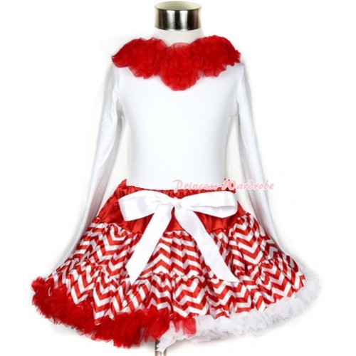 Xmas Red White Wave Pettiskirt Matching White Long Sleeve Top With Red Rosettes MW253 