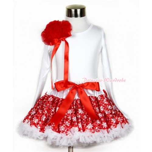 Xmas Red Snowflakes Pettiskirt with Matching White Long Sleeves Top with Bunch of Red Rosettes & Red Bow MW254 