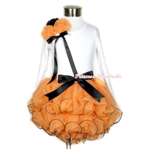 Halloween Black Bow Orange Petal Pettiskirt with Matching White Long Sleeves Top with Bunch of One Black Two Orange Rosettes & Black Bow MW255 