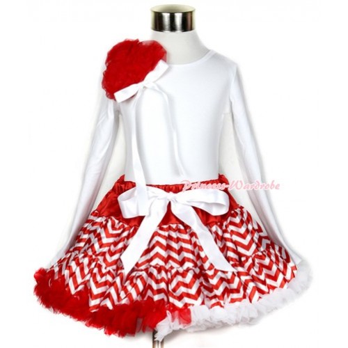 Xmas Red White Wave Pettiskirt with Matching White Long Sleeves Top with Bunch of Red Rosettes & White Bow MW256 