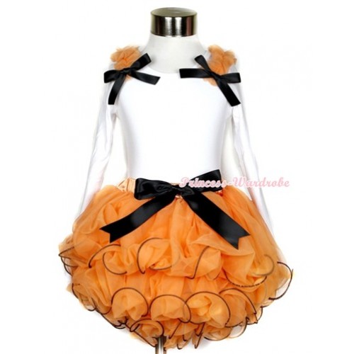 Halloween Orange Petal Pettiskirt with Matching White Long Sleeve Top with Orange Ruffles & Black Bow MW258 
