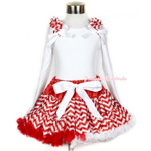 Xmas Red White Wave Pettiskirt with Matching White Long Sleeve Top with Red White Wave Ruffles & White Bow MW259 
