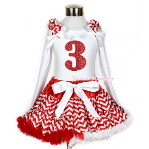 Xmas Red White Wave Pettiskirt with 3rd Sparkle Red Birthday Number Print White Long Sleeve Top with Red White Wave Ruffles and White Bow MW288 