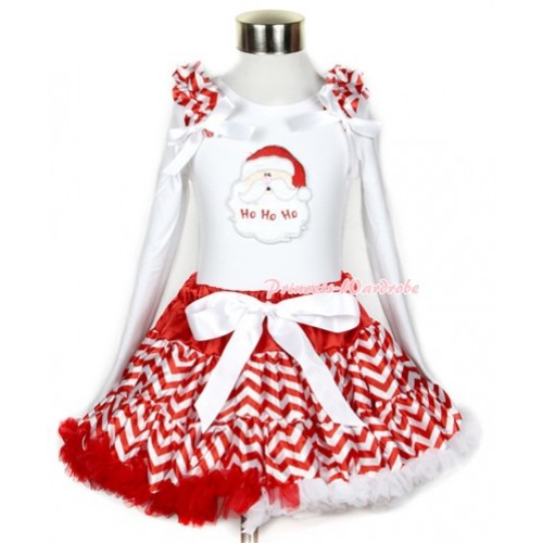 Xmas Red White Wave Pettiskirt with Santa Claus Print White Long Sleeve Top with Red White Wave Ruffles and White Bow MW297 