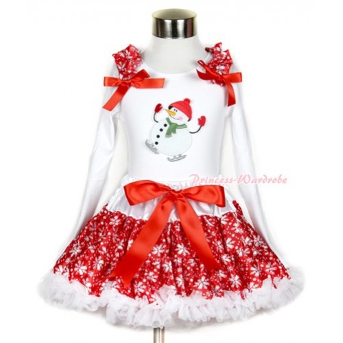 Xmas Red Snowflakes Pettiskirt with Ice Skating Snowman Print White Long Sleeve Top with Red Snowflakes Ruffles and Red Bow MW274 