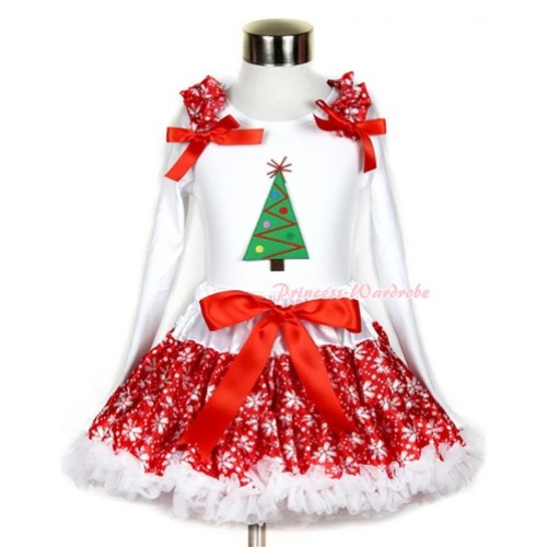 Xmas Red Snowflakes Pettiskirt with Christmas Tree Print White Long Sleeve Top with Red Snowflakes Ruffles and Red Bow MW275 