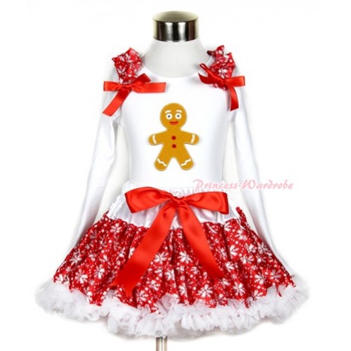 Xmas Red Snowflakes Pettiskirt with Brown Gingerbread Man Print White Long Sleeve Top with Red Snowflakes Ruffles and Red Bow MW276 