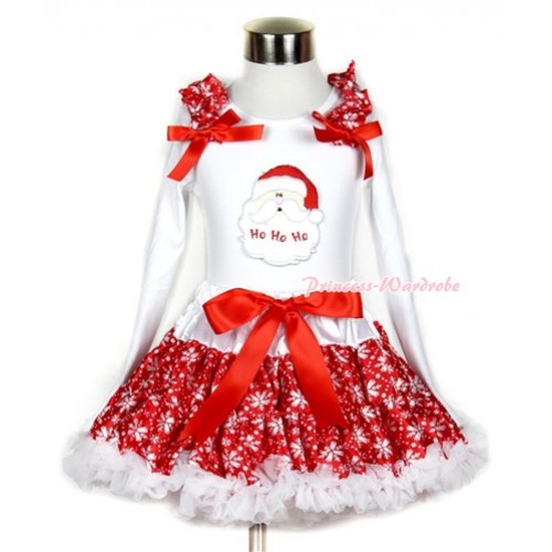 Xmas Red Snowflakes Pettiskirt with Santa Claus Print White Long Sleeve Top with Red Snowflakes Ruffles and Red Bow MW277 