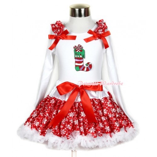 Xmas Red Snowflakes Pettiskirt with Christmas Stocking Print White Long Sleeve Top with Red Snowflakes Ruffles and Red Bow MW279 