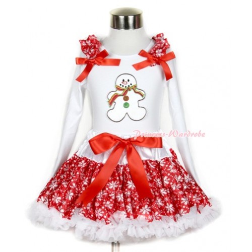 Xmas Red Snowflakes Pettiskirt with Christmas Gingerbread Snowman Print White Long Sleeve Top with Red Snowflakes Ruffles and Red Bow MW280 
