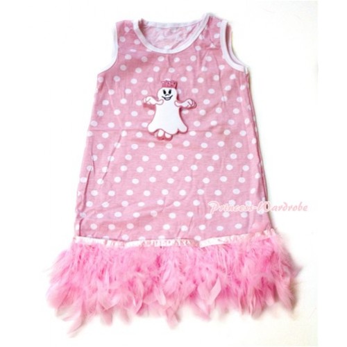 Light Pink White Polka Dots One-Piece Pettidress With Princess Ghost Print With Light Pink Posh Feather Ruffles CD023 