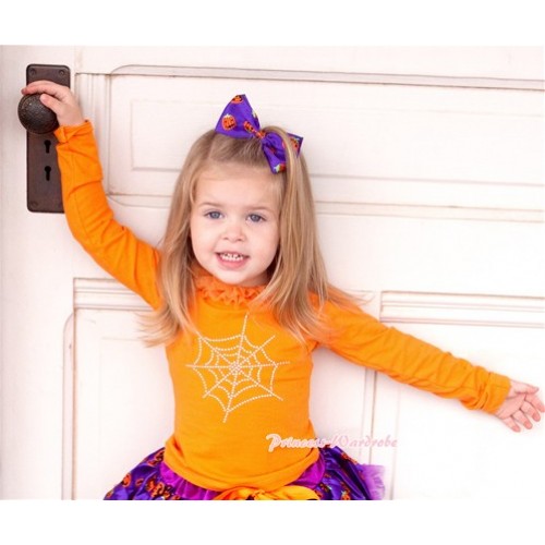 Halloween Orange Long Sleeves Top with Orange Chiffon Lacing & Sparkle Crystal Glitter Spider Web Print TO103 