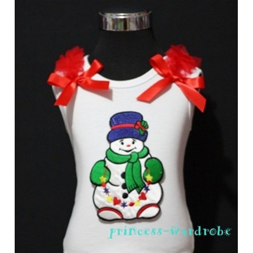 Christmas Scarf Snowman White Tank Top with Red Ribbon and Ruffles TW58 
