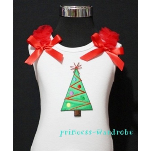 Christmas Tree White Tank Top with Red Ribbon and Ruffles TW66 