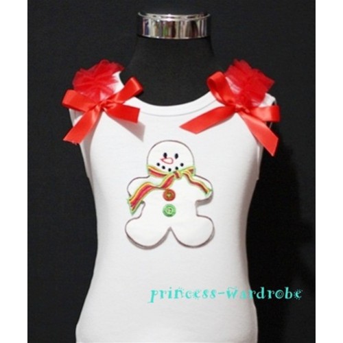 Christmas Gingerbread Snowman White Tank Top with Red Ribbon and Ruffles TW70 