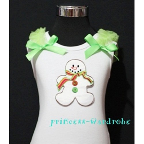 Christmas Gingerbread Snowman White Tank Top with Light Green Ribbon and Ruffles TW71 