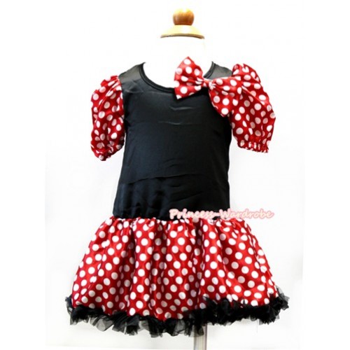 Minnie Polka Dots Bubble Sleeves Black Princess Dress With Minnie Dots Satin Bow Party Costume C160 