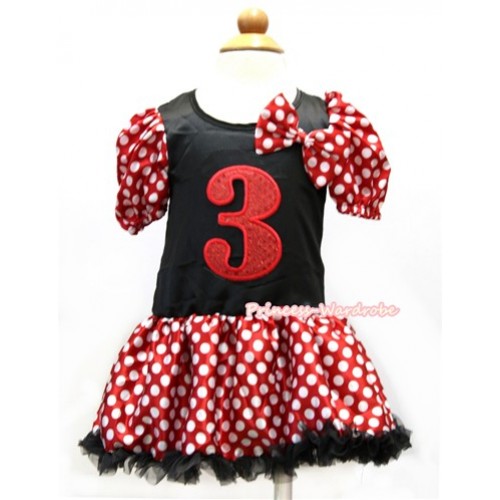 Minnie Polka Dots Bubble Sleeves Black Princess Dress Party Costume With Minnie Dots Satin Bow & 3rd Sparkle Red Birthday Number Print C165 