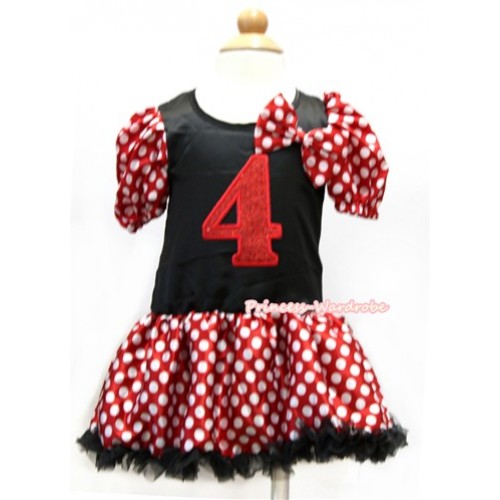 Minnie Polka Dots Bubble Sleeves Black Princess Dress Party Costume With Minnie Dots Satin Bow & 4th Sparkle Red Birthday Number Print C166 