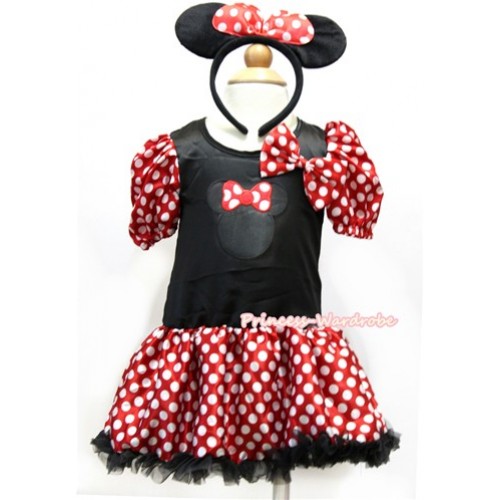 Minnie Polka Dots Bubble Sleeves Black Princess Dress Party Costume With Minnie Dots Satin Bow & Light Pink Minnie Print & Minnie Headband 2PC Set C171 