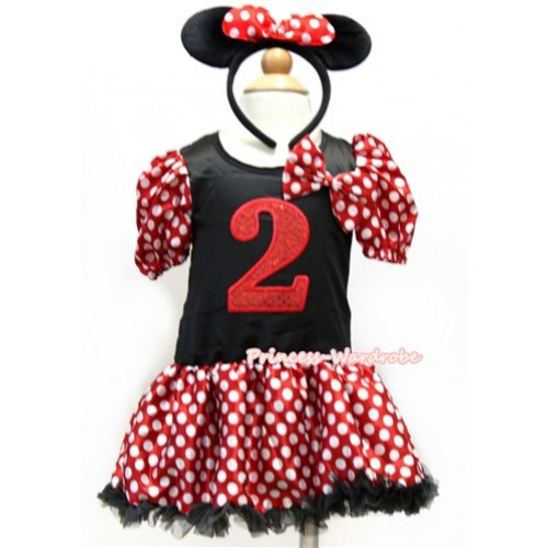 Minnie Polka Dots Bubble Sleeves Black Princess Dress Party Costume With Minnie Dots Satin Bow & 2nd Sparkle Red Birthday Number Print & Minnie Headband 2PC Set C173 