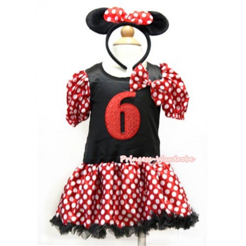 Minnie Polka Dots Bubble Sleeves Black Princess Dress Party Costume With Minnie Dots Satin Bow & 6th Sparkle Red Birthday Number Print & Minnie Headband 2PC Set C177 