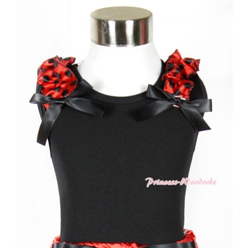 Halloween Black Tank Top with Beetle Red Black Polka Dots Ruffles and Black Bow TB486 