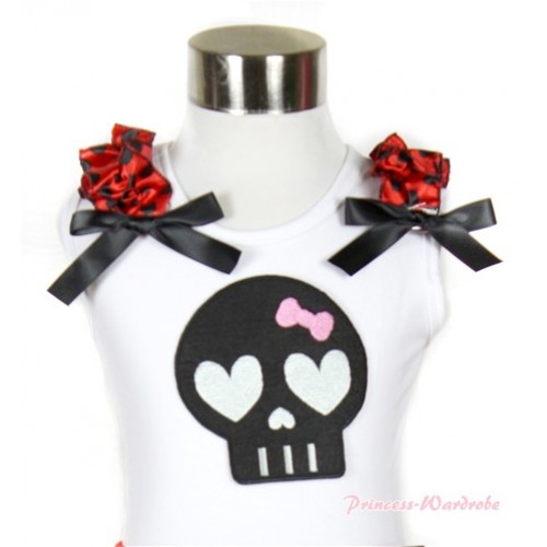 Halloween White Tank Top With Black Skeleton Print with Beetle Red Black Dots Ruffles & Black Bow TB485 