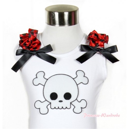 Halloween White Tank Top With White Skeleton Print with Beetle Red Black Dots Ruffles & Black Bow TB484 