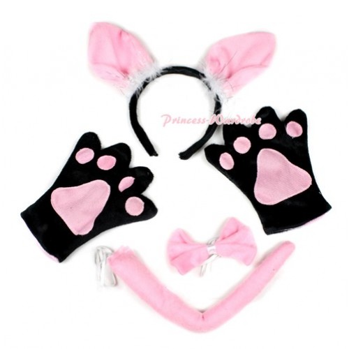 Light Pink Bunny Rabbit 4 Piece Set in Ear Headband, Tie, Tail , Paw PC038 