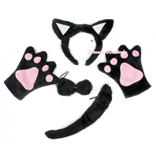 Black Cat 4 Piece Set in Ear Headband, Tie, Tail , Paw PC046 