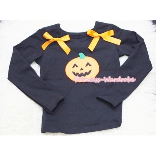 Halloween Pumpkin Print Black Long Sleeves Top with Orange Bow T811 