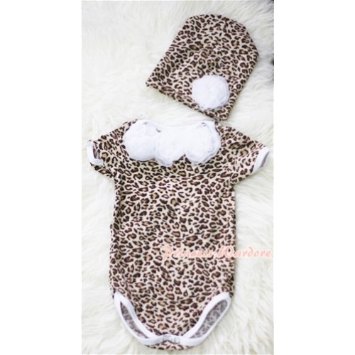 Leopard Print Baby Jumpsuit with White Rosettes and Cap Set TH181 