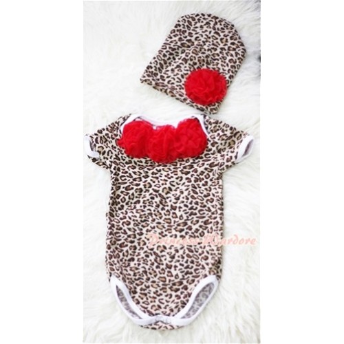 Leopard Print Baby Jumpsuit with Red Rosettes and Cap Set TH182 