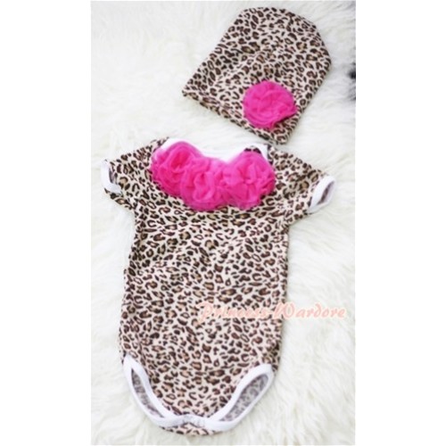 Leopard Print Baby Jumpsuit with Hot Pink Rosettes and Cap Set TH183 