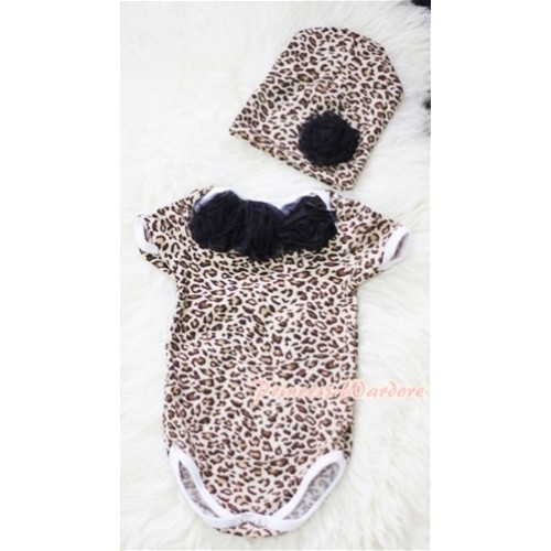 Leopard Print Baby Jumpsuit with Black Rosettes and Cap Set TH184 