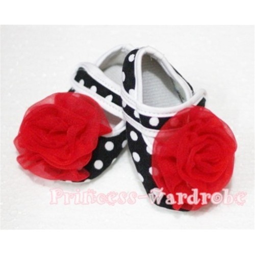 Baby Black White Poika Dot Crib Shoes with Red Rosettes S41 