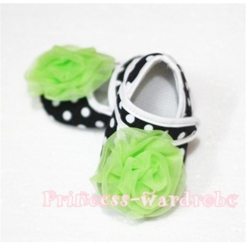 Baby Black White Poika Dot Crib Shoes with Lime Green Rosettes S44 