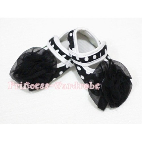 Baby Black White Poika Dot Crib Shoes with Black Rosettes S50 