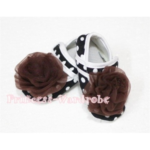 Baby Black White Poika Dot Crib Shoes with Brown Rosettes S52 