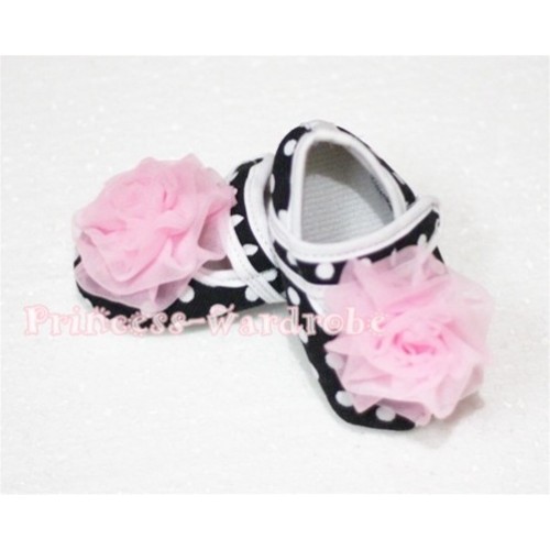Baby Black White Poika Dot Crib Shoes with Light Pink Rosettes S53 