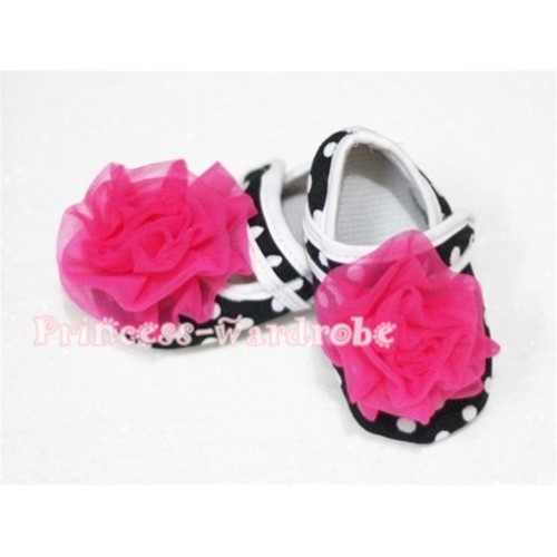 Baby Black White Poika Dot Crib Shoes with Hot Pink Rosettes S54 