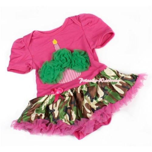 Hot Pink Baby Bodysuit Jumpsuit Hot Pink Camouflage Pettiskirt with Kelly Green Rosettes Birthday Cake Print JS1408 