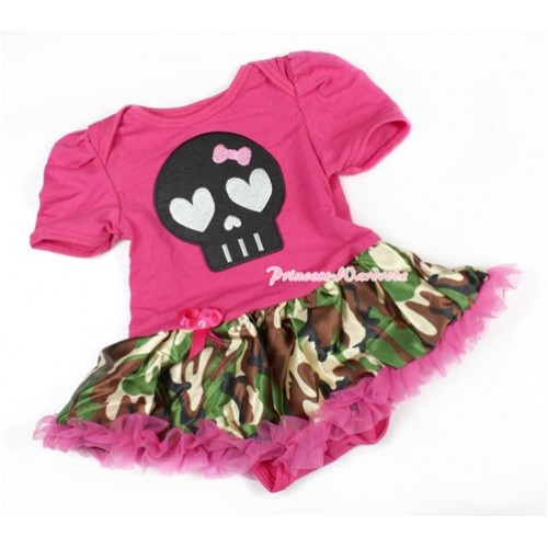 Halloween Hot Pink Baby Bodysuit Jumpsuit Hot Pink Camouflage Pettiskirt with Black Skeleton Print JS1410 