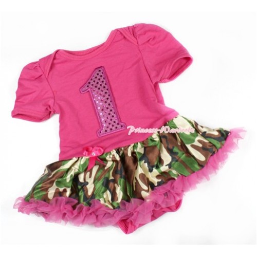 Hot Pink Baby Bodysuit Jumpsuit Hot Pink Camouflage Pettiskirt with 1st Sparkle Hot Pink Birthday Number Print JS1411 
