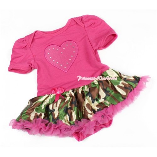 Hot Pink Baby Bodysuit Jumpsuit Hot Pink Camouflage Pettiskirt with Hot Pink Heart Print JS1412 