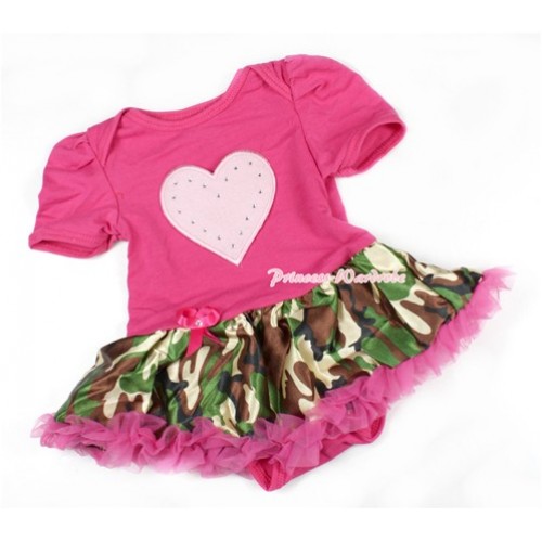 Hot Pink Baby Bodysuit Jumpsuit Hot Pink Camouflage Pettiskirt with Light Pink Heart Print JS1413 